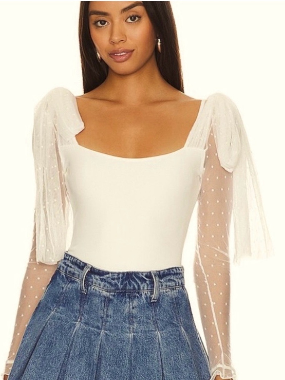 Intimately Free People Tongue Tied Sheer-Sleeve Bodysuit ecru cream L new!